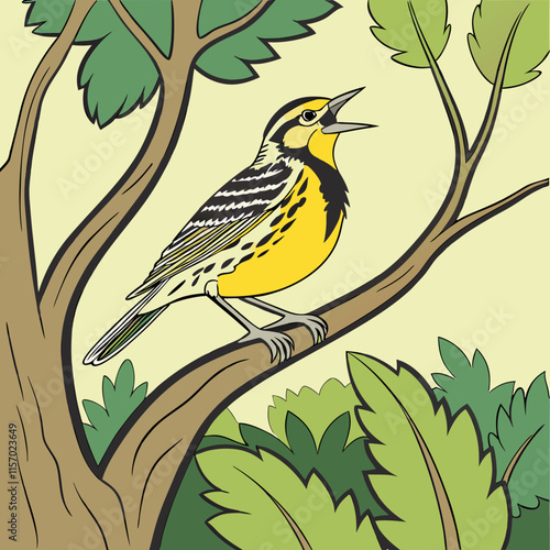 A vibrant Western Meadowlark bird perched, singing its melodious tune in a natural setting, capturing the essence of nature and wildlife.