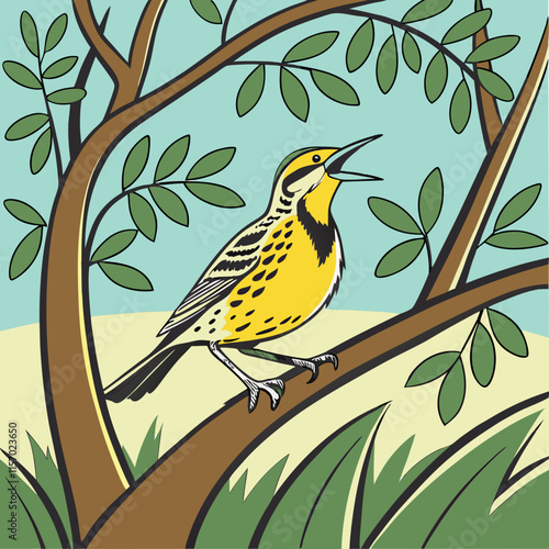 A vibrant Western Meadowlark bird perched, singing its melodious tune in a natural setting, capturing the essence of nature and wildlife.