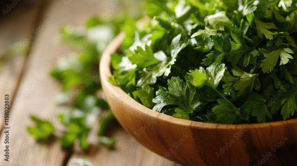 Fresh parsley leaves in a wooden bowl on a rustic wood background with natural lighting for vibrant culinary presentation Fresh parsley leaves in a wooden bowl on a rustic wood background with natural lighting for vibrant culinary presentation