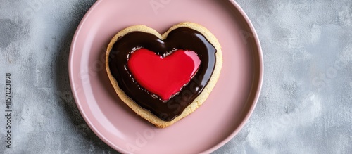 Heart-shaped shortbread cookie topped with chocolate glaze and red icing on a pink plate creating a festive Valentine's Day baking scene. photo