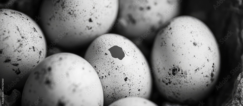 Close-up view of speckled eggs nestled in a natural nest showcasing intricate textures and details in a monochrome setting Close-up view of speckled eggs nestled in a natural nest showcasing intricate textures and details in a monochrome setting