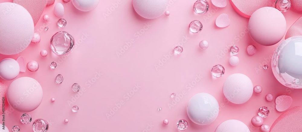 Abstract pink backdrop with decorative spheres and crystal elements for Valentine's Day holiday theme or romantic celebrations. Abstract pink backdrop with decorative spheres and crystal elements for Valentine's Day holiday theme or romantic celebrations.