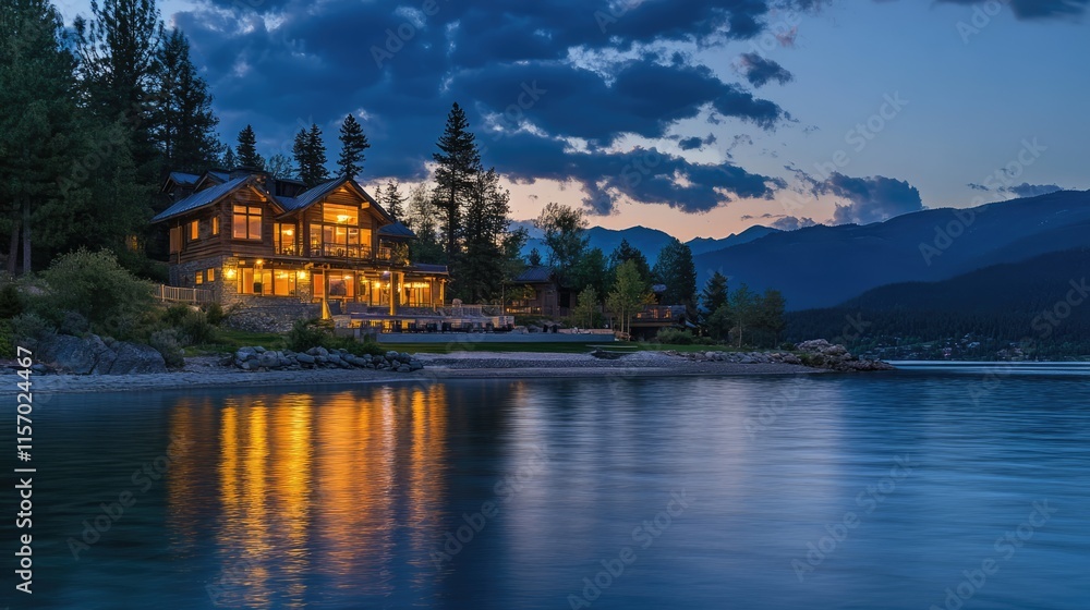 Fototapeta premium Serene Dusk Reflections on a Lake with Cozy Lakeside Cabin and Mountain Backdrop