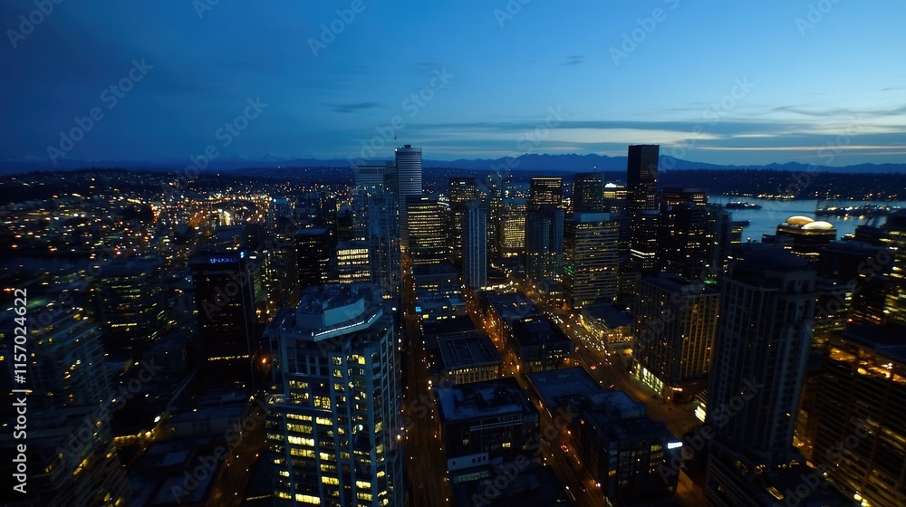 Fototapeta premium Aerial View of City Skyline at Dusk with Illuminated Buildings
