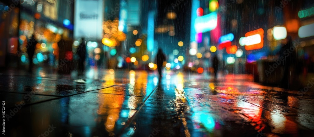 Vibrant Nighttime Urban Scene with Reflections and Colorful Lights in a Bustling City Street Vibrant Nighttime Urban Scene with Reflections and Colorful Lights in a Bustling City Street