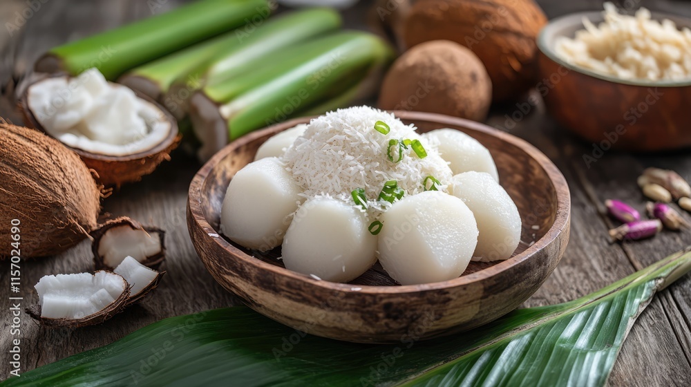 Coconut Rice Balls Served on Wooden Bowl Surrounded by Natural Ingredients Coconut Rice Balls Served on Wooden Bowl Surrounded by Natural Ingredients