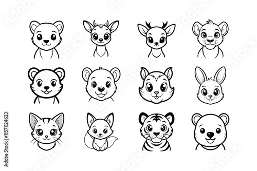 Cute Baby Animals Heads Vector Line Art Illustration, Adorable Minimalist Designs. photo