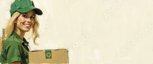 Painting of a blonde delivery woman in a green uniform, smiling warmly, holding a cardboard box. The composition symbolizes eco-friendly shipping with ultra wide neutral/warm-toned copy space.