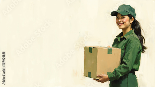 Painting of an Asian delivery woman in a green uniform, smiling warmly, holding a cardboard box. The composition symbolizes eco-friendly shipping with ample neutral/warm-toned copy space.