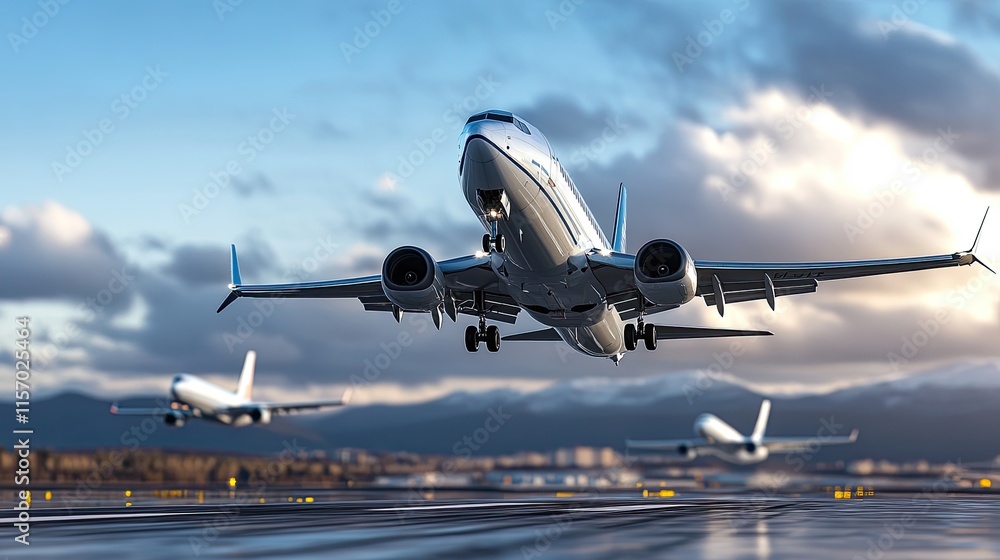 A magnificent view of an airplane taking off while another lands at a busy airport, surrounded by a striking sky and ocean A magnificent view of an airplane taking off while another lands at a busy airport, surrounded by a striking sky and ocean