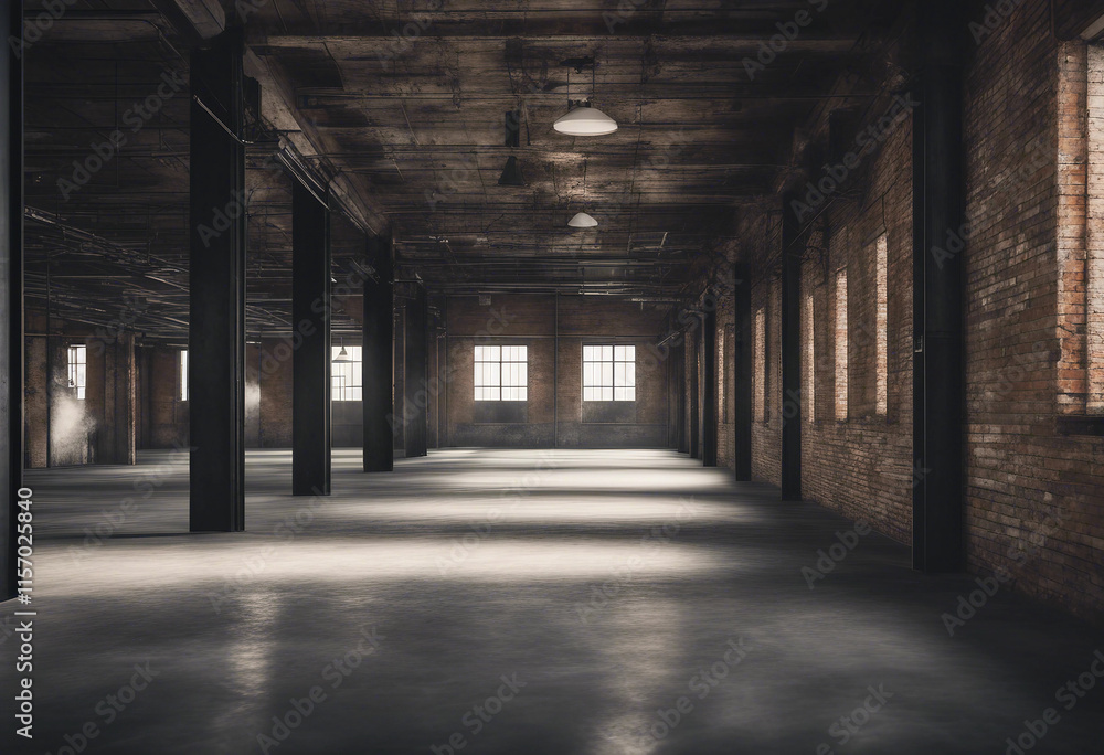 Industrial loft style empty old warehouse interior brick wall concrete floor and black steel roof Industrial loft style empty old warehouse interior brick wall concrete floor and black steel roof