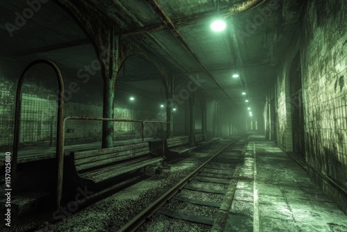 An abandoned subway station with haunting green lights, empty benches, and decaying walls, creating a mysterious and unsettling atmosphere underground.