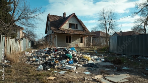 Abandoned house with overgrown yard and a large pile of trash highlighting urban decay and neglect in a once vibrant neighborhood
