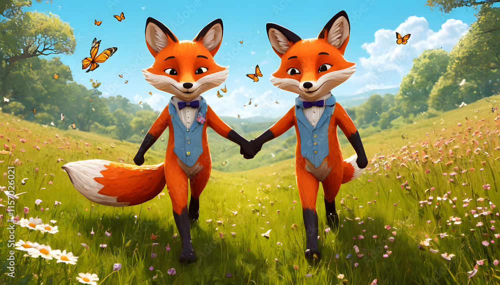 Naklejka premium Cute digital art of a cartoon-style fox couple holding hands in a meadow with butterflies, cheerful colors, for print