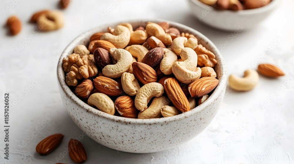 Nutty delights a close-up of mixed nuts in a bowl kitchen setting food photography natural lighting Nutty delights a close-up of mixed nuts in a bowl kitchen setting food photography natural lighting