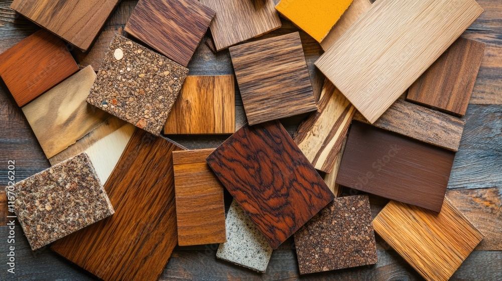 Diverse Furniture Material Samples for Interior Design Showcasing Natural and Textured Surfaces from Various Wood and Composite Materials