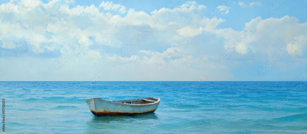 Naklejka premium Serene boat floating on calm sea waters under a beautiful sky with fluffy clouds and distant horizon for tranquil seaside imagery.