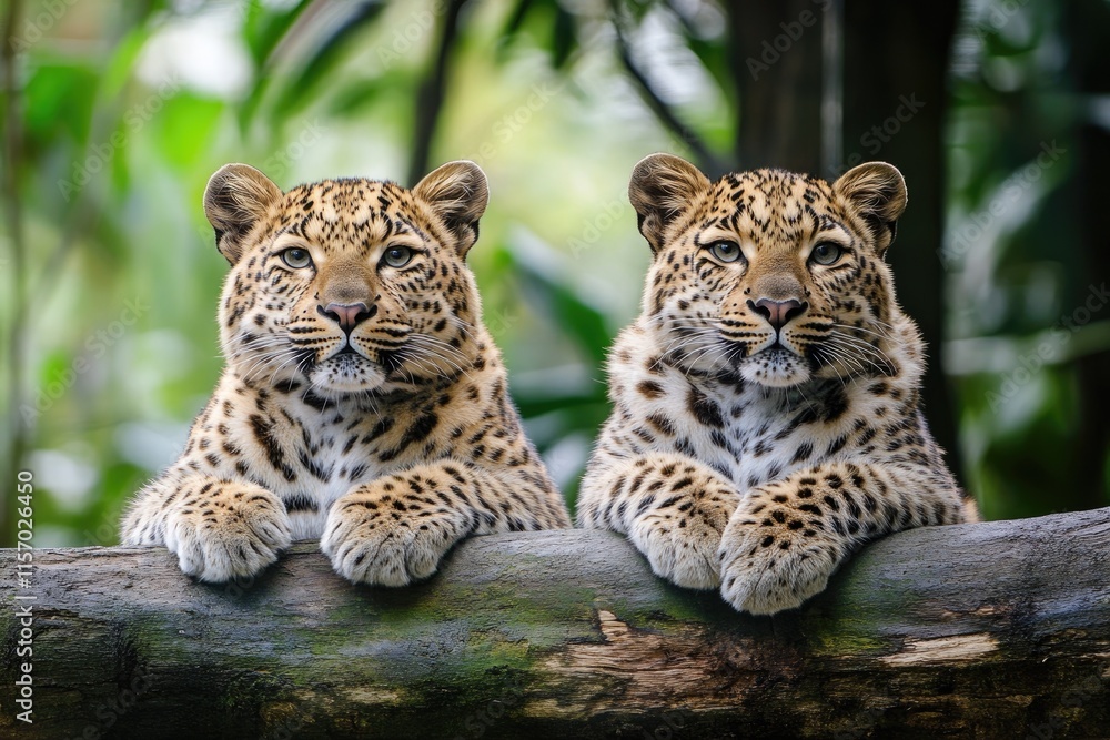 Two leopards sitting on a tree trunk Two leopards sitting on a tree trunk