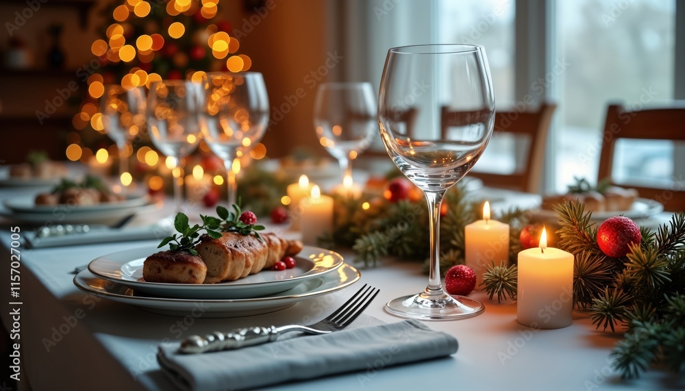 Christmas dinner table setting with festive decorations. Food served on plate. Christmas tree lights create warm ambiance. Candles, fir branches add cozy touch to table setting. Special meal for Christmas dinner table setting with festive decorations. Food served on plate. Christmas tree lights create warm ambiance. Candles, fir branches add cozy touch to table setting. Special meal for