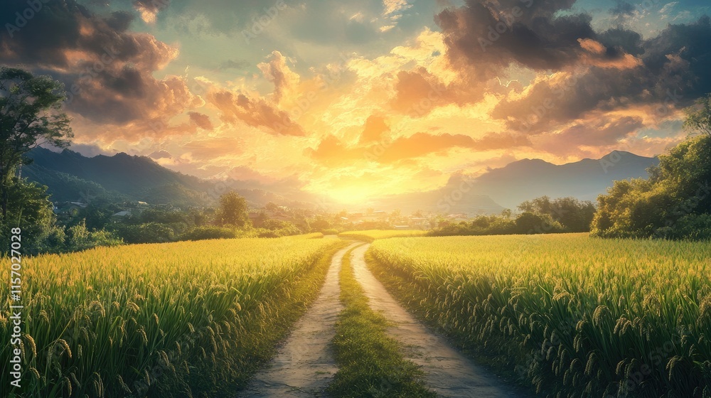 Scenic village road winding through lush paddy fields under a dramatic sunset sky with vibrant clouds and distant mountains. Scenic village road winding through lush paddy fields under a dramatic sunset sky with vibrant clouds and distant mountains.