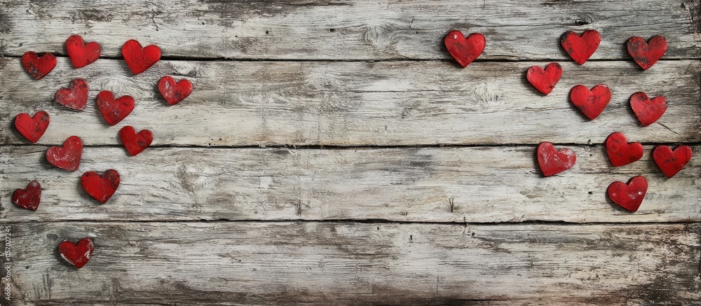 Valentine's Day rustic backdrop with red wooden hearts on a weathered distressed wood surface perfect for romantic-themed designs