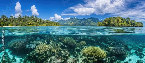 Vibrant underwater scene showcasing coral reefs and tropical islands under a clear blue sky in a serene ocean landscape photo