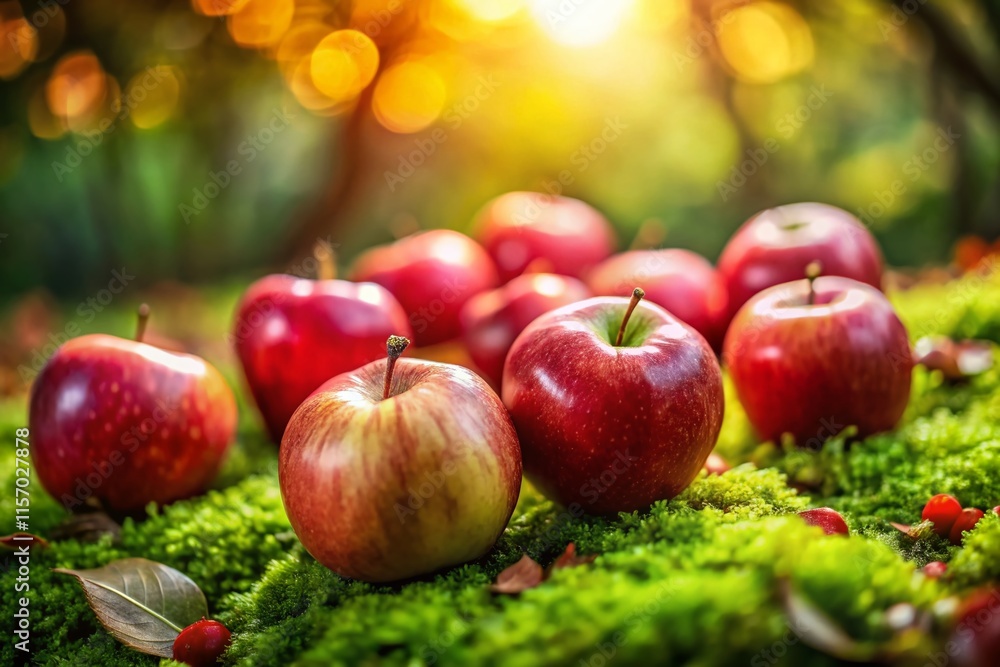 Ripe Red Apples Scattered on Mossy Ground with Bokeh Effect - Autumn Harvest Stock Photo Ripe Red Apples Scattered on Mossy Ground with Bokeh Effect - Autumn Harvest Stock Photo