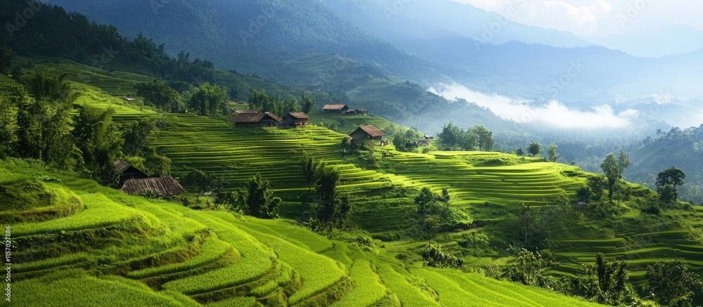 Lush green terraced fields in serene valley highlands with distant hills and misty backdrop under a bright blue sky. Lush green terraced fields in serene valley highlands with distant hills and misty backdrop under a bright blue sky.