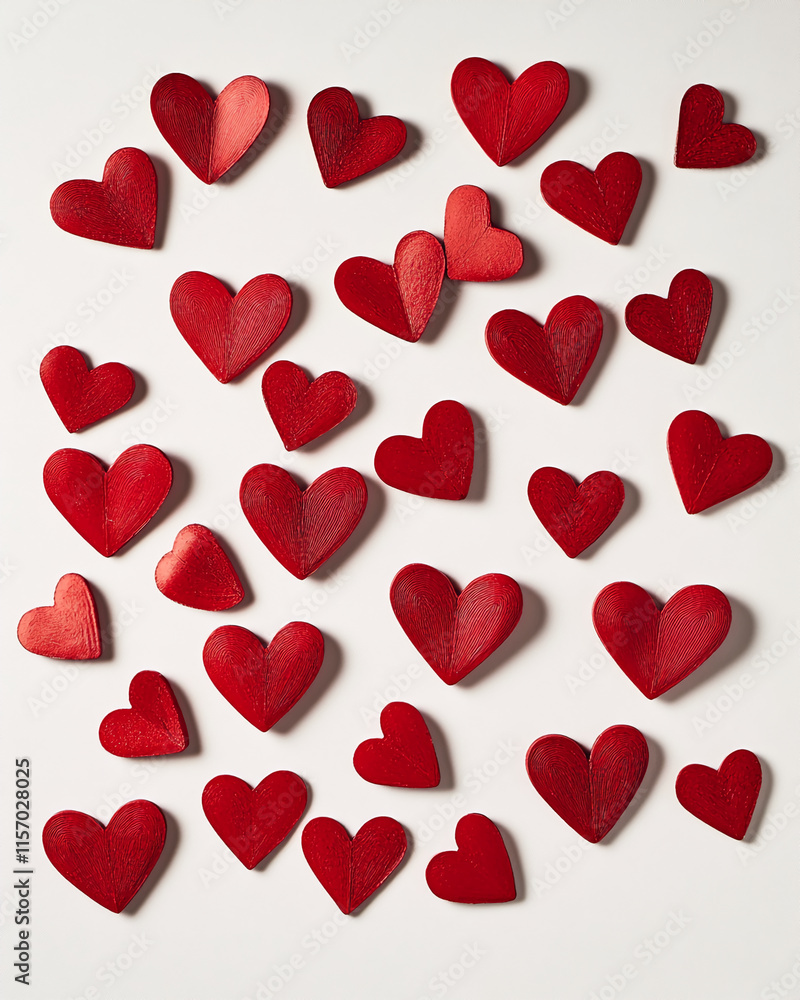 Red wooden hearts arranged on a white background for Valentine's Day decor Red wooden hearts arranged on a white background for Valentine's Day decor