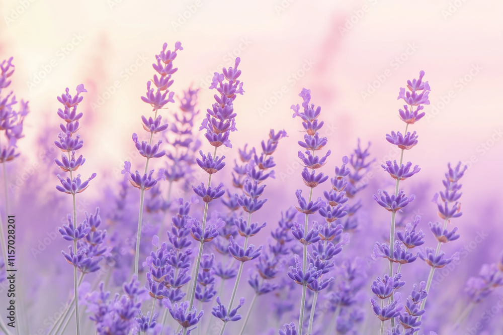 Close-up of lavender flowers in soft purple hues glowing in the gentle light of a pastel sunrise Close-up of lavender flowers in soft purple hues glowing in the gentle light of a pastel sunrise