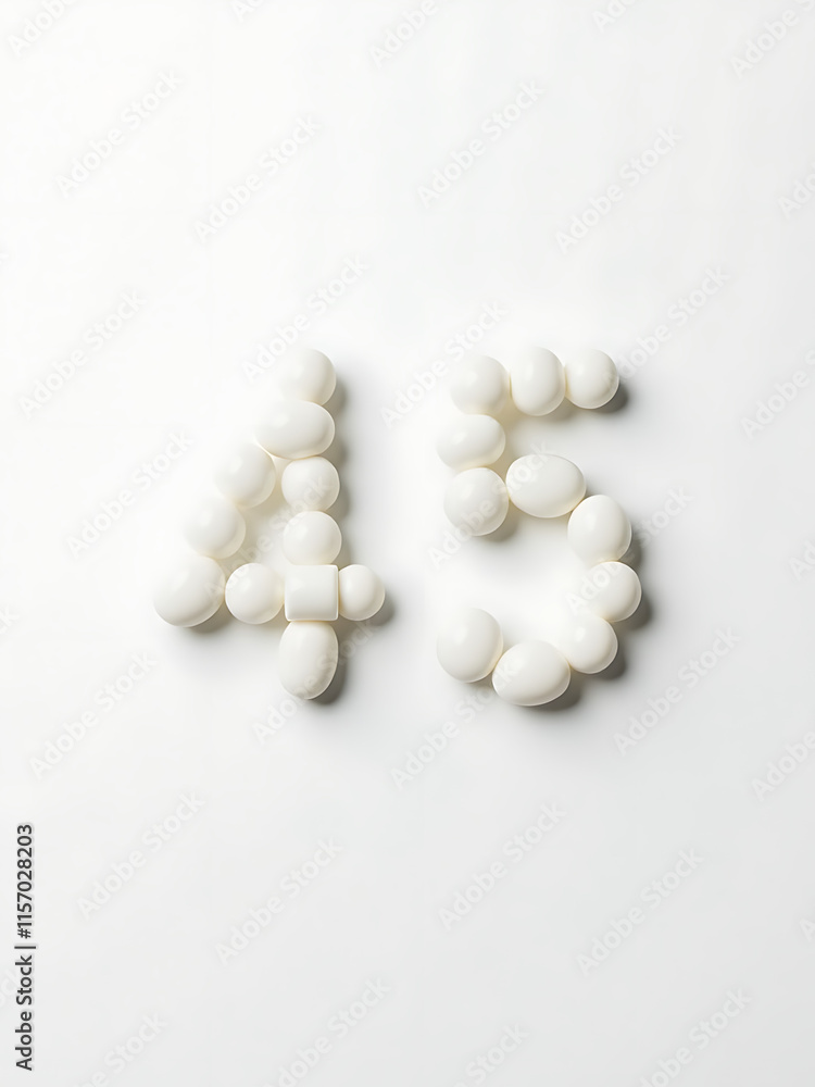 Small White Pebbles Isolated On A Plain Background Are Arranged In Numbers Four And Five. 00002 Small White Pebbles Isolated On A Plain Background Are Arranged In Numbers Four And Five. 00002