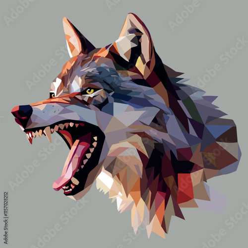 Colorful Low Poly Angry Roaring Wolf Vector illustration