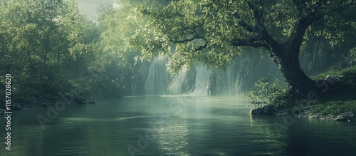 Serene river landscape surrounded by lush greenery and soft light creating a tranquil natural atmosphere