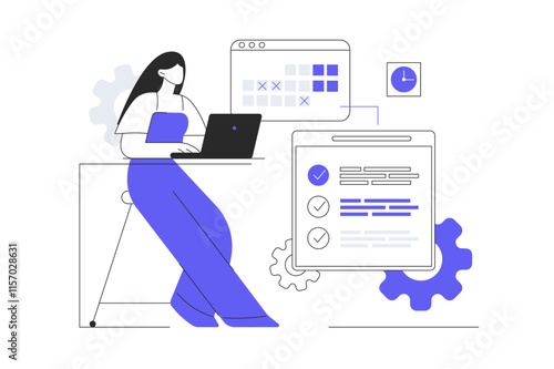 Business Character working with online calendar for Working schedule planning concept. Flat Cartoon Vector Illustration, icon. Stylish abstract Blue