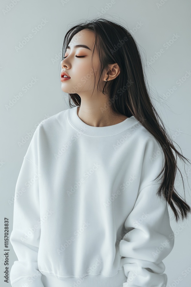Asian model who displays simplicity by wearing an oversized sweater Asian model who displays simplicity by wearing an oversized sweater