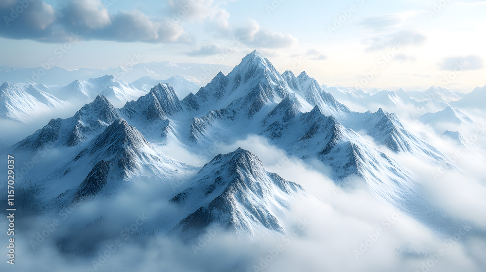 Obraz premium An awe-inspiring aerial shot of dramatic mountain peaks covered in snow, surrounded by valleys shrouded in mist.