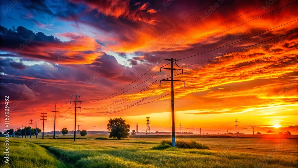 Obraz premium Rural Power Line Landscape: Silhouette of Utility Poles Against Sunset Sky