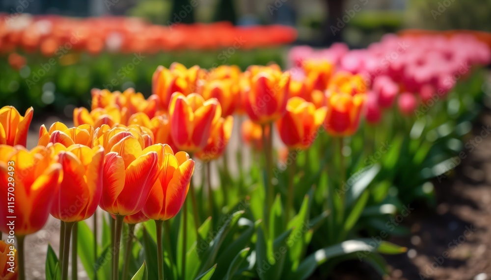 Obraz premium Vibrant tulips in garden. Orange, red tulips bloom in spring. Rows of colourful flowers. Sunlight highlights petals. Springtime beauty of nature. Peaceful floral display in park. Horticulture,
