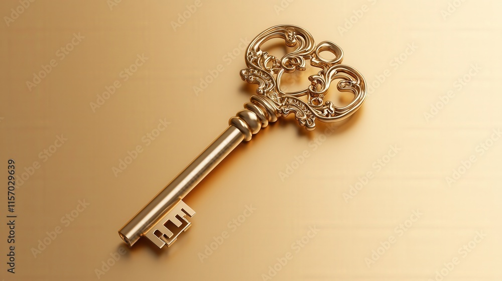 A key with intricate carvings floating on a soft golden gradient A key with intricate carvings floating on a soft golden gradient