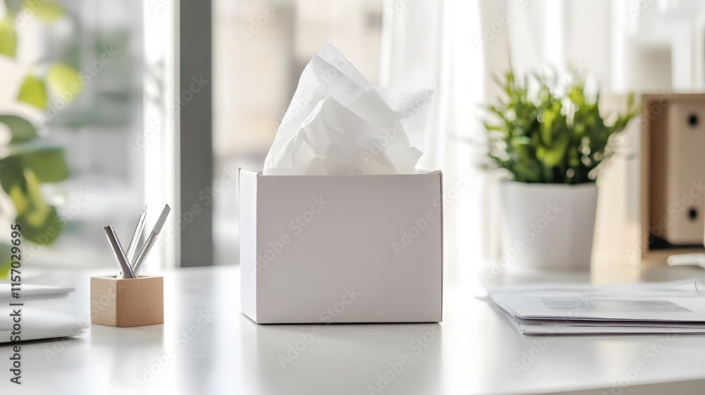 Organizing your workspace tissue box on desk modern office minimalist aesthetic natural light Organizing your workspace tissue box on desk modern office minimalist aesthetic natural light