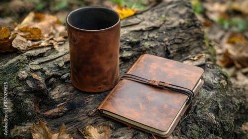 Wallpaper Mural Rustic brown cup and leather notebook on a log surrounded by autumn leaves in an outdoor setting Torontodigital.ca