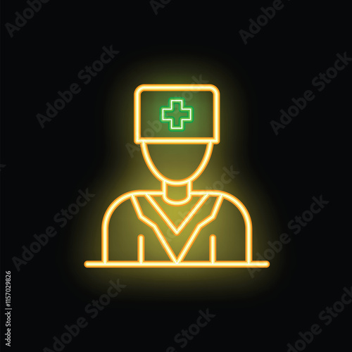Glowing neon line icon of a doctor wearing a uniform and a hat with a medical cross, symbolizing healthcare and medical services