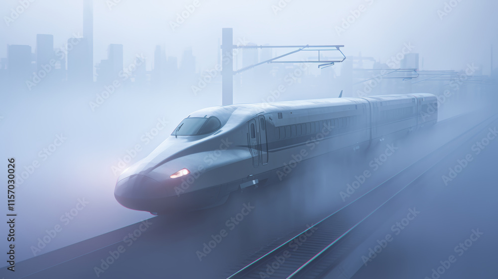 A high-speed train traveling through the misty city, creating an atmosphere of mystery and wonder. A high-speed train traveling through the misty city, creating an atmosphere of mystery and wonder.