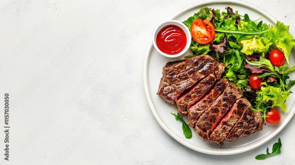 Delicious Grilled Steak with Fresh Salad and Tomato on White Plate Delicious Grilled Steak with Fresh Salad and Tomato on White Plate