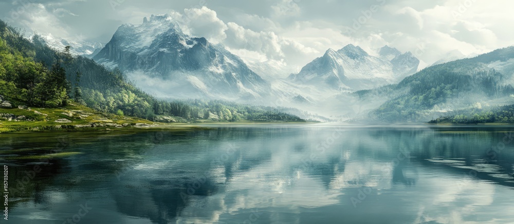 Serene mountain lake landscape with misty reflections and lush greenery under a cloudy sky Serene mountain lake landscape with misty reflections and lush greenery under a cloudy sky