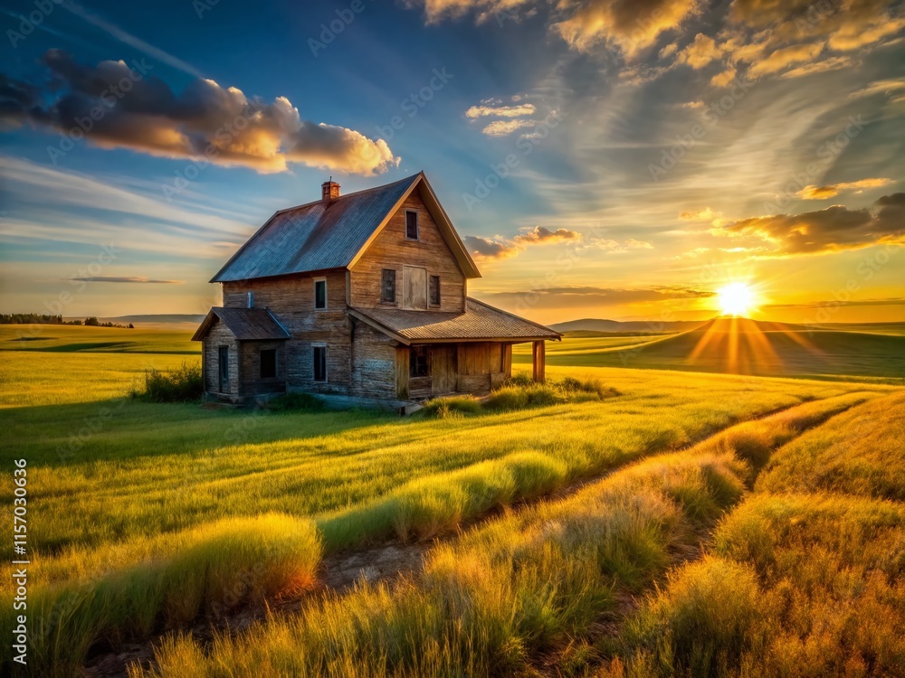 Rustic Farmhouse on Rolling Fields at Golden Hour - Idyllic Countryside Scene Rustic Farmhouse on Rolling Fields at Golden Hour - Idyllic Countryside Scene
