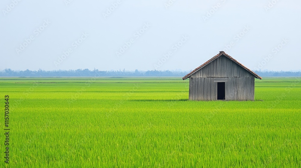 Serene Wooden House Amidst Lush Green Rice Fields Under Blue Sky Serene Wooden House Amidst Lush Green Rice Fields Under Blue Sky