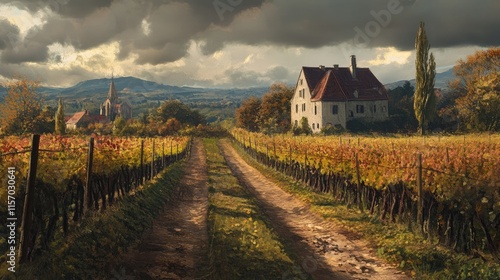 Scenic vineyard landscape with autumn foliage and rustic farmhouse along the prestigious Grand Cru route in a picturesque wine region.