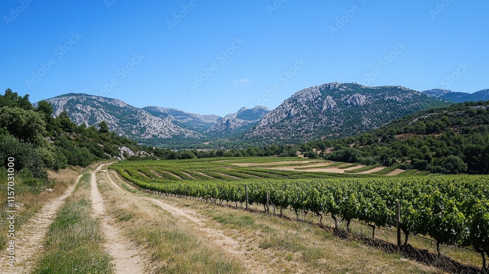 Fototapeta premium Vineyard pathway in the scenic route of grand crus showcasing lush green landscape and mountains under a clear blue sky