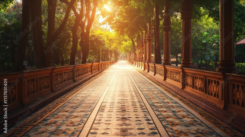 Fototapeta premium Serene Pathway in Lush Green Park with Sunlight Glowing Through Trees